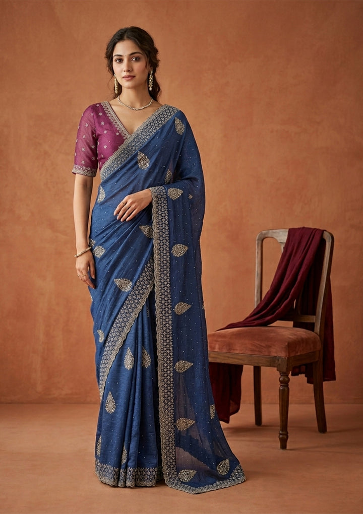 Blue Soft Raw Silk Floral Gold Zariwork Saree With Matching Blouse Piece