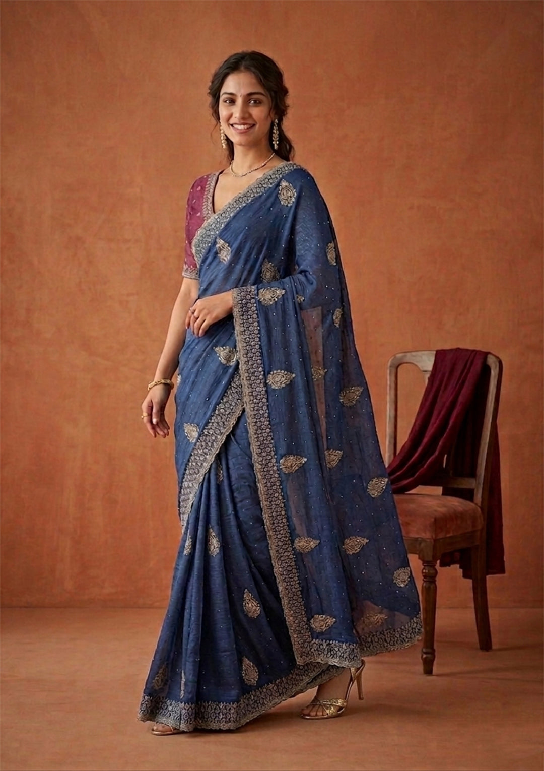 Blue Soft Raw Silk Floral Gold Zariwork Saree With Matching Blouse Piece