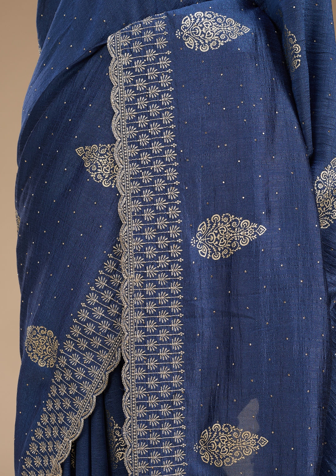 Blue Soft Raw Silk Floral Gold Zariwork Saree With Matching Blouse Piece