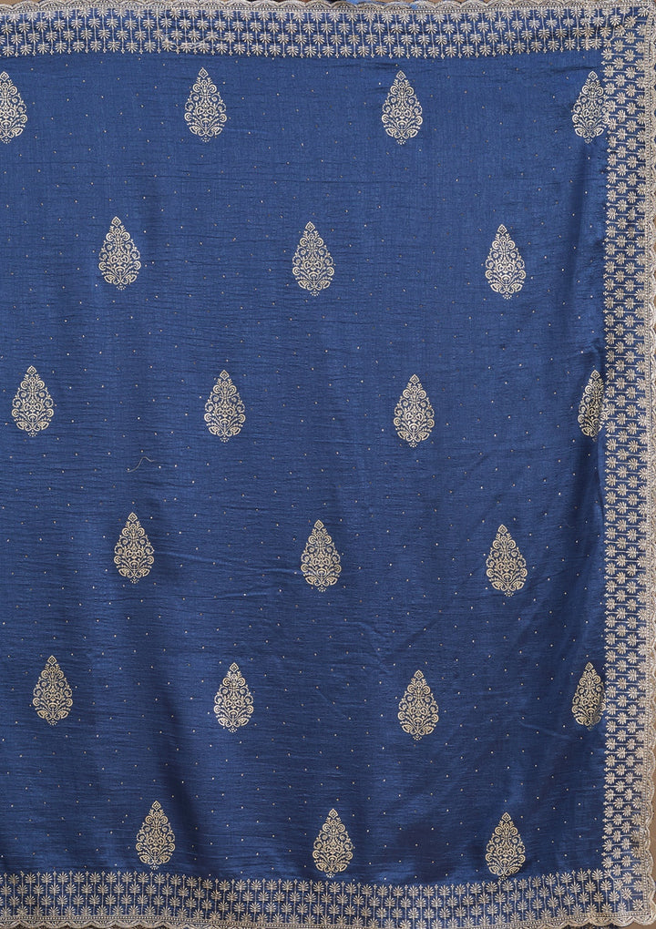 Blue Soft Raw Silk Floral Gold Zariwork Saree With Matching Blouse Piece