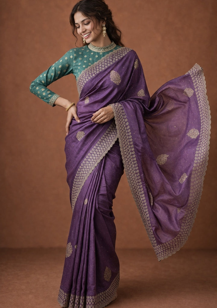 Lavender Soft Raw Silk Floral Gold Zariwork Saree With Matching Blouse Piece