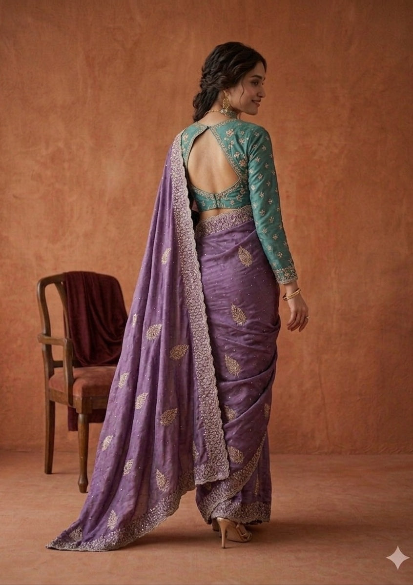 Lavender Soft Raw Silk Floral Gold Zariwork Saree With Matching Blouse Piece