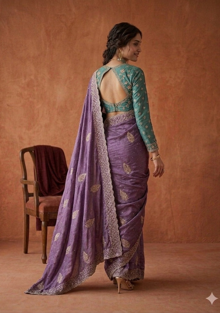 Lavender Soft Raw Silk Floral Gold Zariwork Saree With Matching Blouse Piece