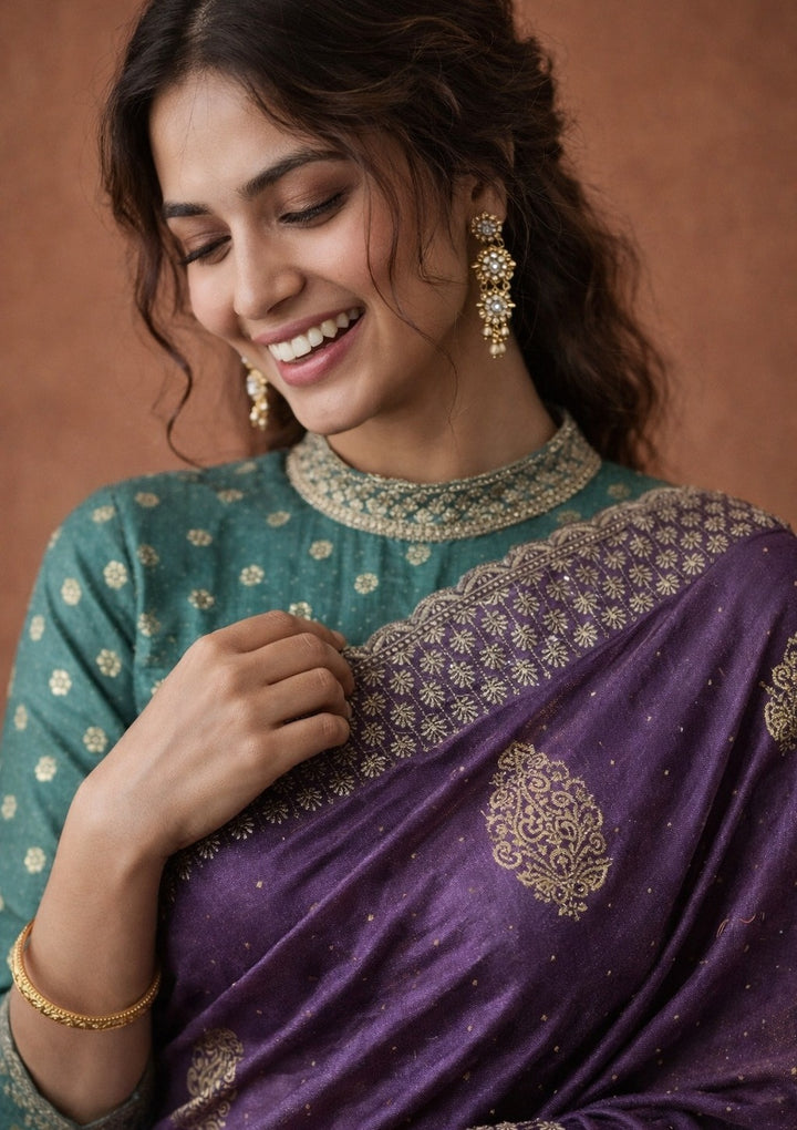 Lavender Soft Raw Silk Floral Gold Zariwork Saree With Matching Blouse Piece