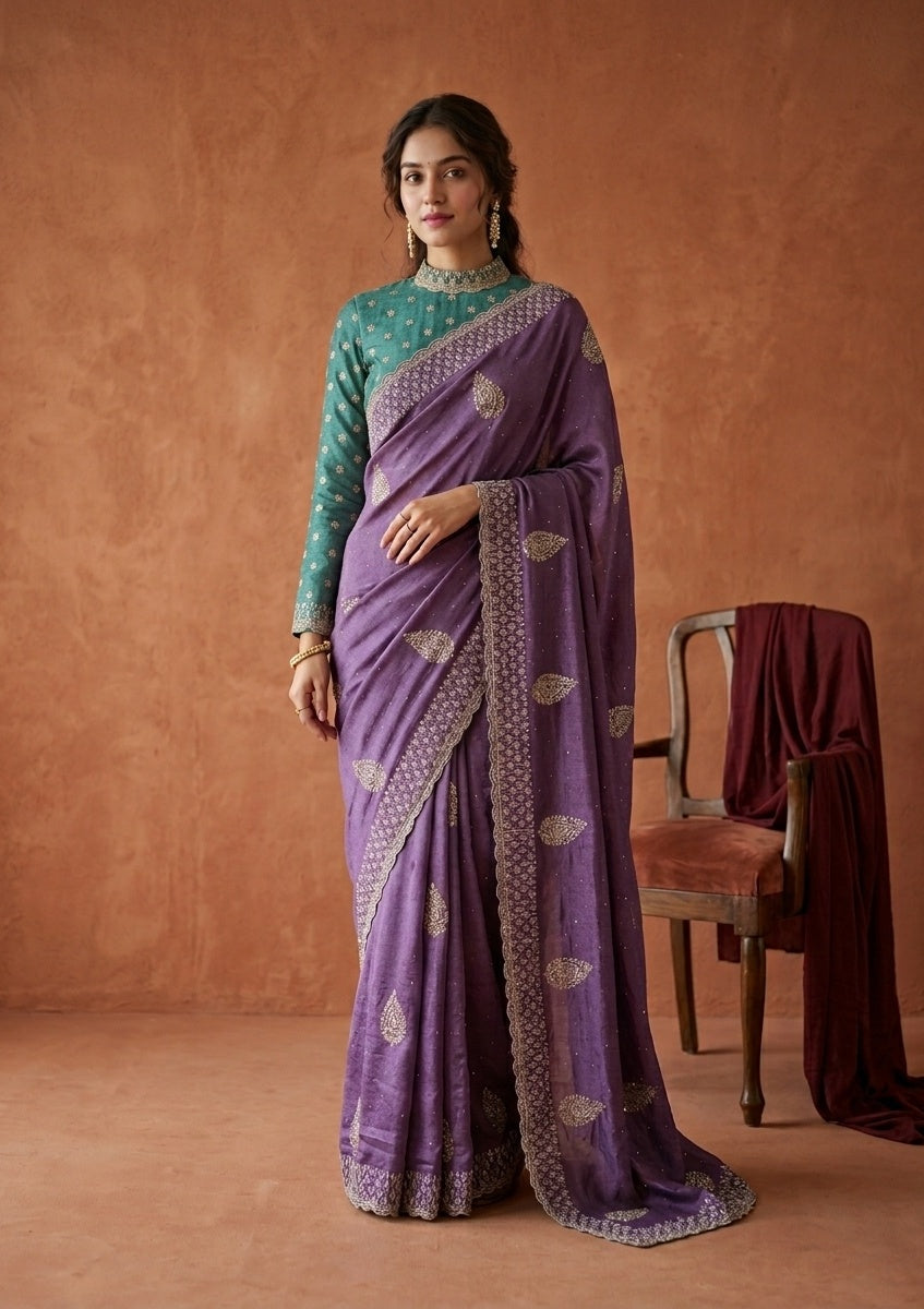 Lavender Soft Raw Silk Floral Gold Zariwork Saree With Matching Blouse Piece