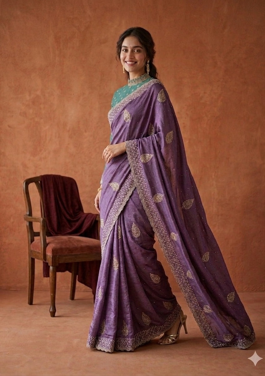 Lavender Soft Raw Silk Floral Gold Zariwork Saree With Matching Blouse Piece