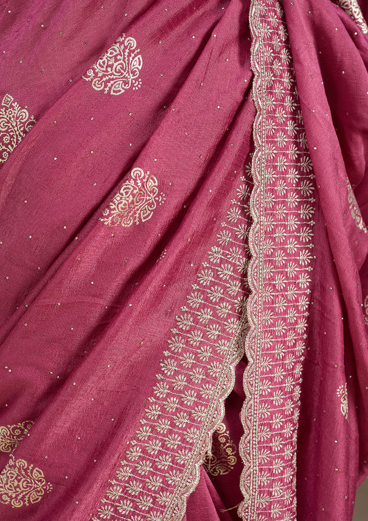 Onion Pink Soft Raw Silk Floral Gold Zariwork Saree With Matching Blouse Piece