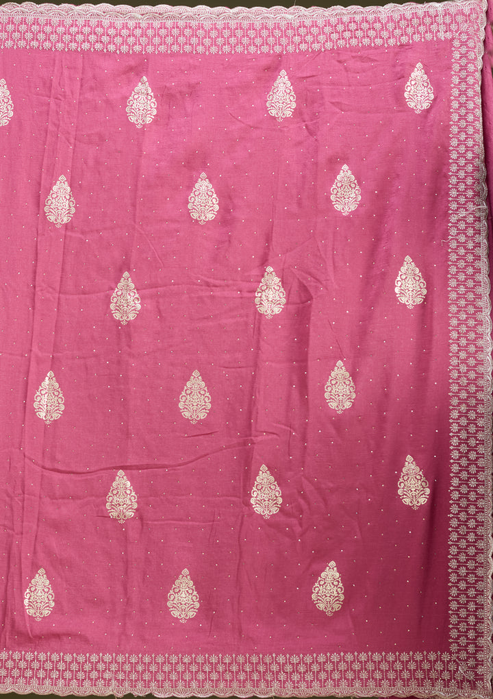 Onion Pink Soft Raw Silk Floral Gold Zariwork Saree With Matching Blouse Piece