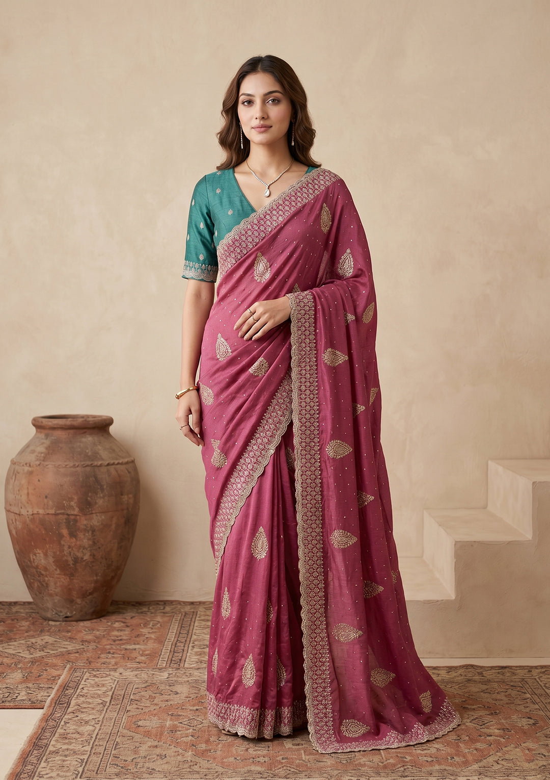 Onion Pink Soft Raw Silk Floral Gold Zariwork Saree With Matching Blouse Piece