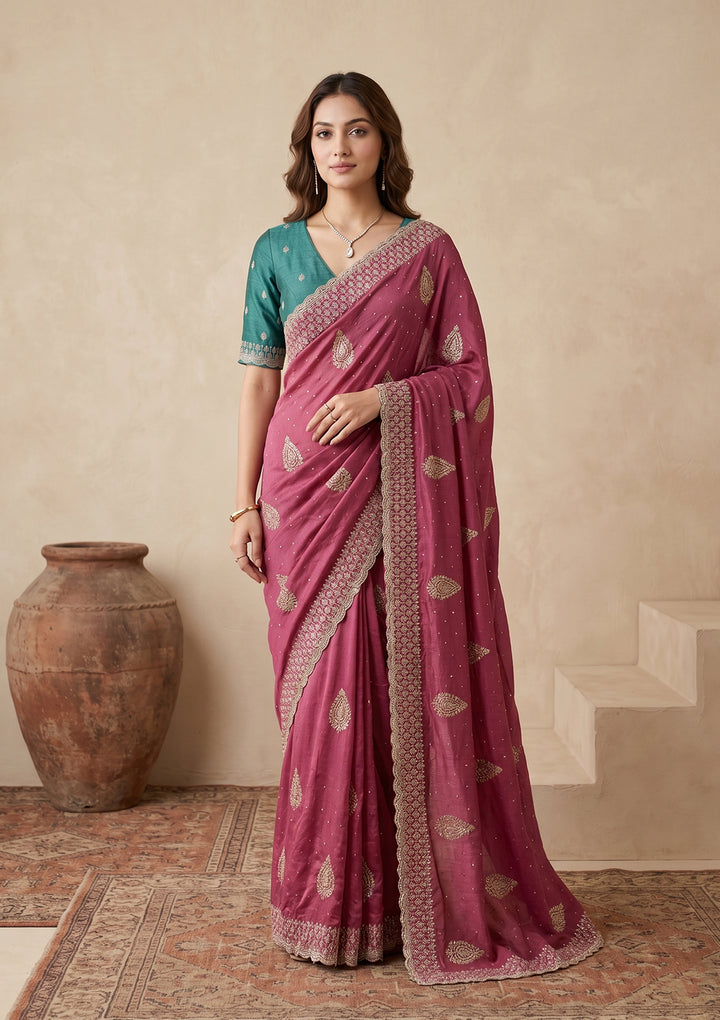 Onion Pink Soft Raw Silk Floral Gold Zariwork Saree With Matching Blouse Piece
