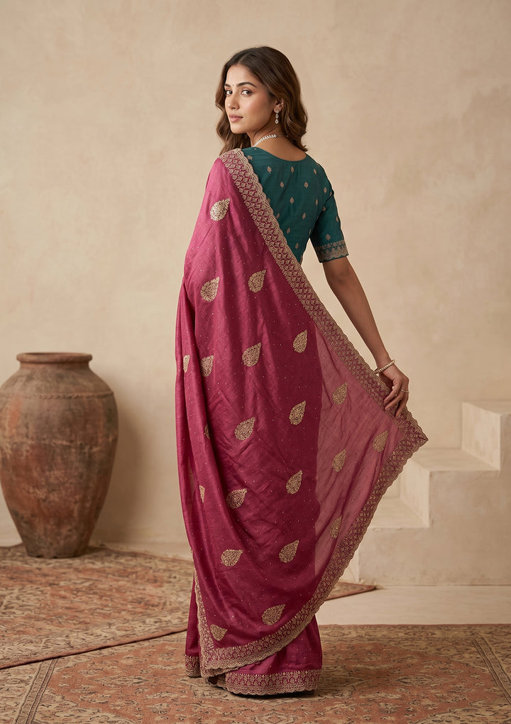 Onion Pink Soft Raw Silk Floral Gold Zariwork Saree With Matching Blouse Piece