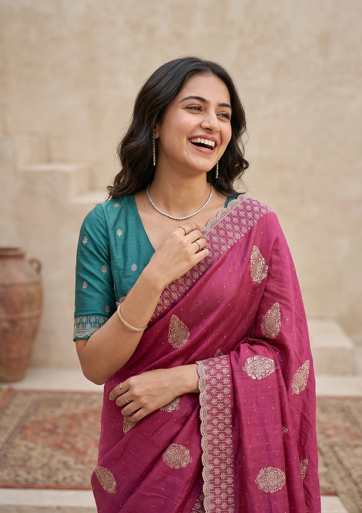 Onion Pink Soft Raw Silk Floral Gold Zariwork Saree With Matching Blouse Piece