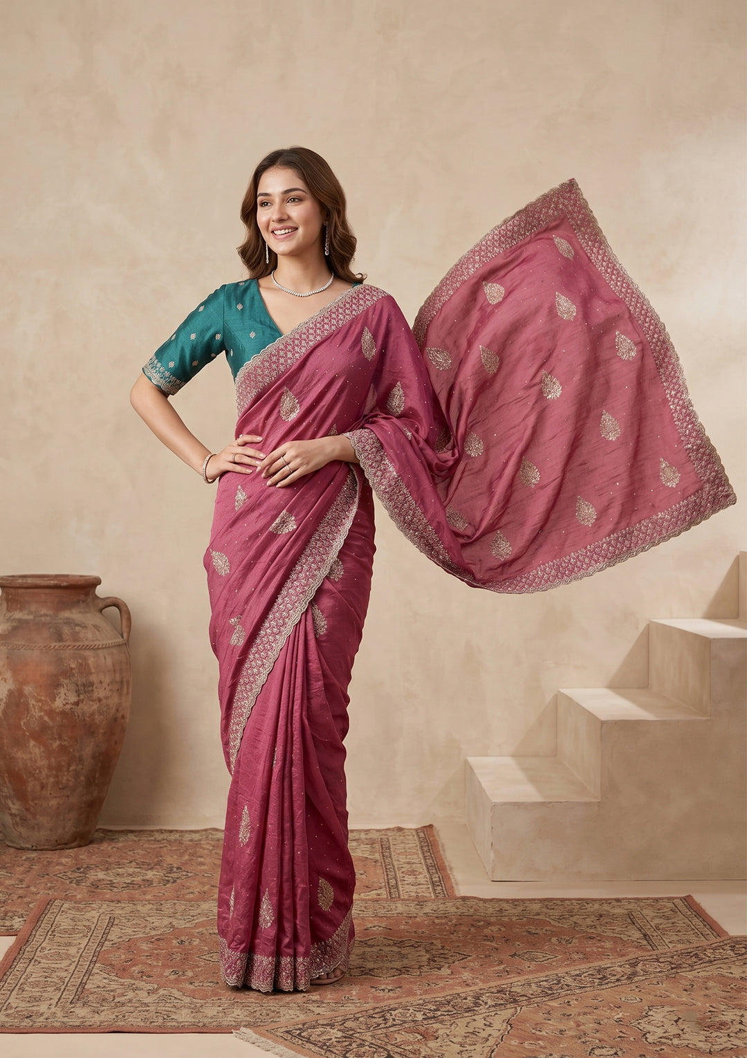 Onion Pink Soft Raw Silk Floral Gold Zariwork Saree With Matching Blouse Piece