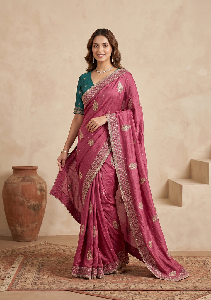 Onion Pink Soft Raw Silk Floral Gold Zariwork Saree With Matching Blouse Piece