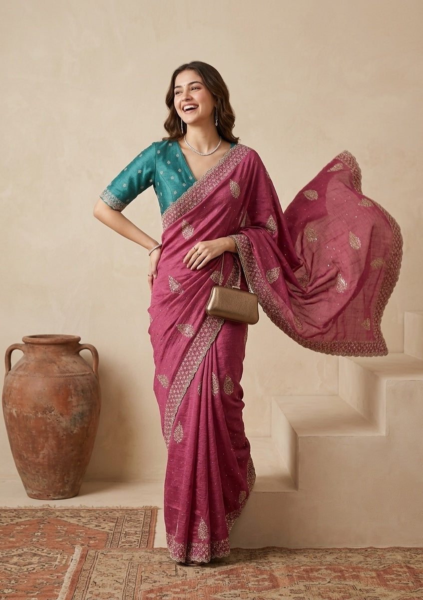 Pink Zariwork (Gold) Soft Raw Silk Saree