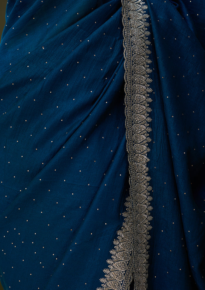Peacock Blue Soft Raw Silk Gold Zariwork Saree With Matching Blouse Piece