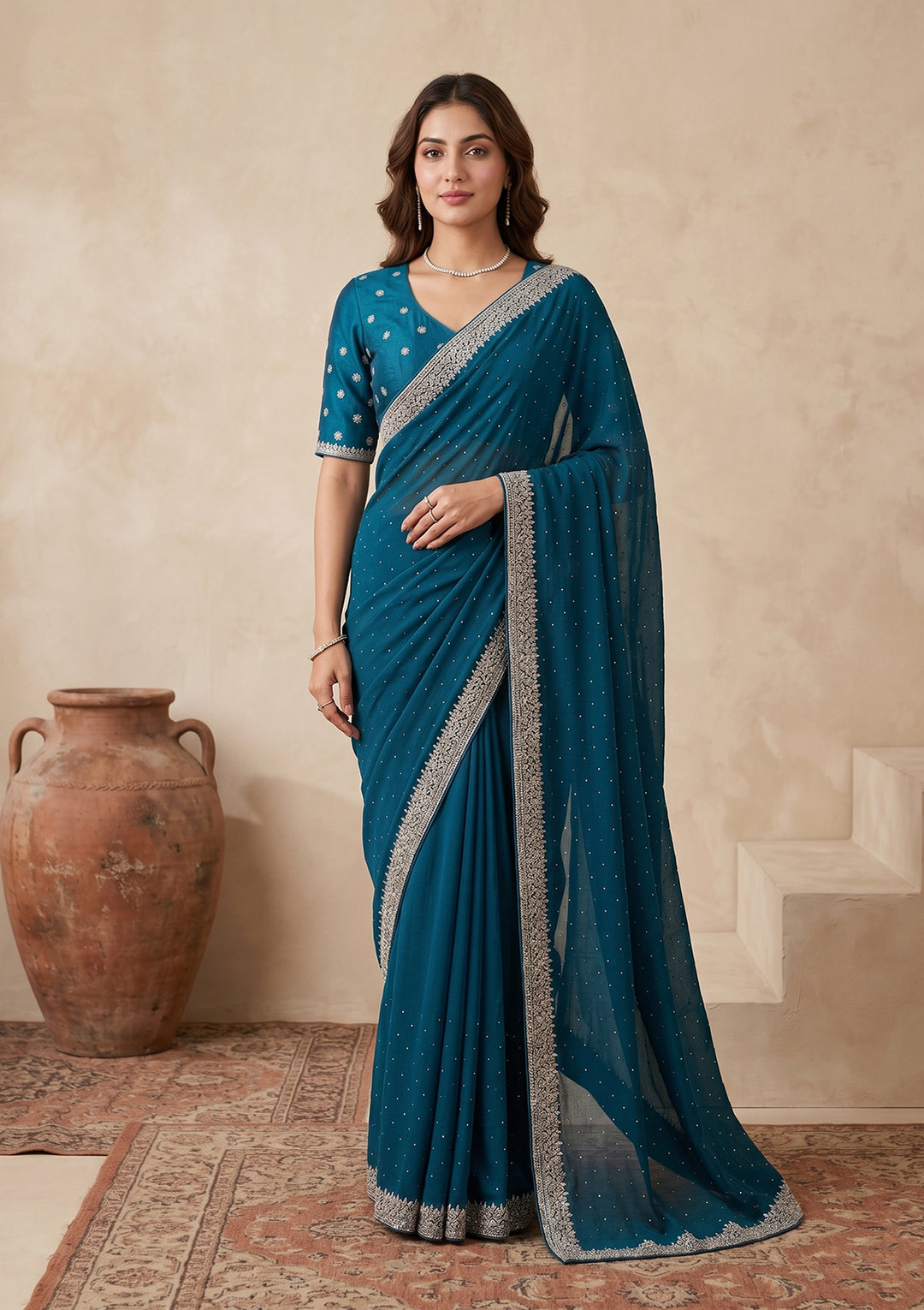 Peacock Blue Soft Raw Silk Gold Zariwork Saree With Matching Blouse Piece