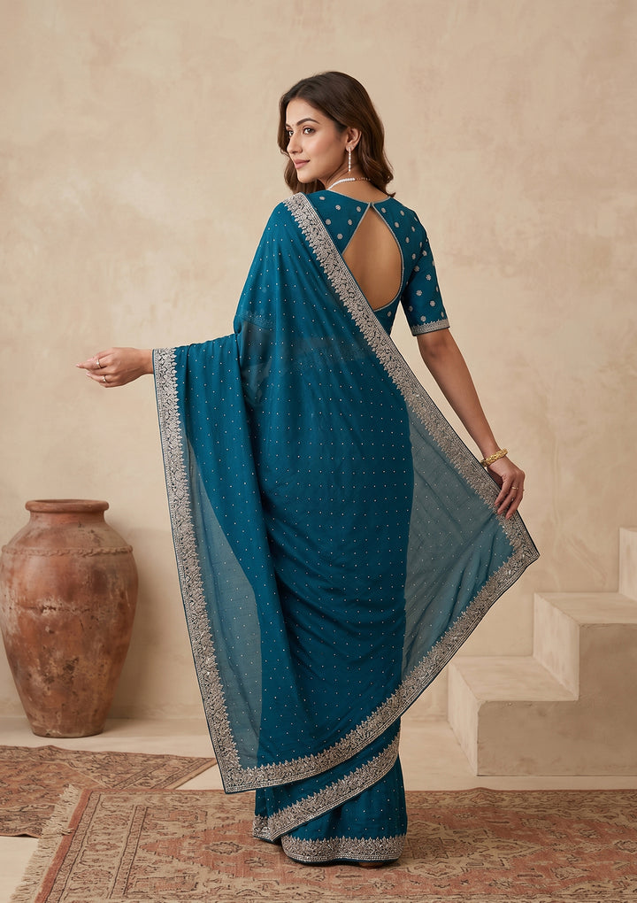 Peacock Blue Soft Raw Silk Gold Zariwork Saree With Matching Blouse Piece