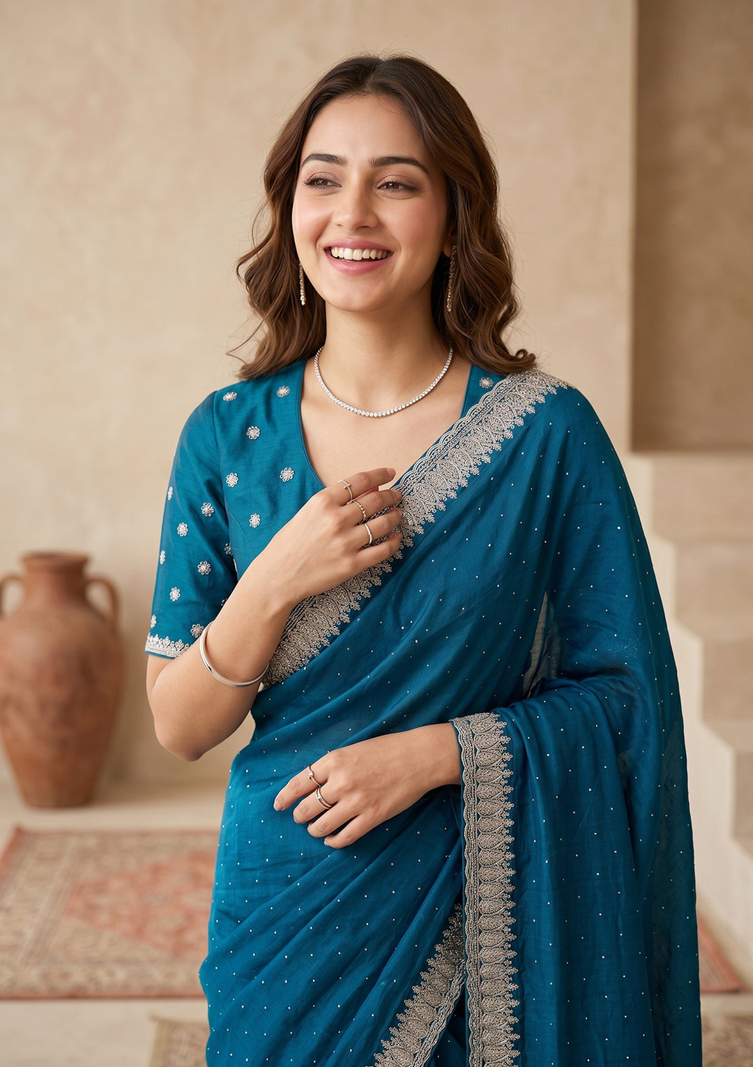 Peacock Blue Soft Raw Silk Gold Zariwork Saree With Matching Blouse Piece