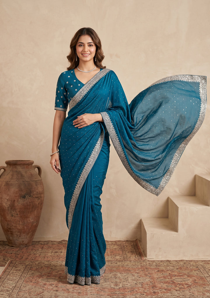 Peacock Blue Soft Raw Silk Gold Zariwork Saree With Matching Blouse Piece