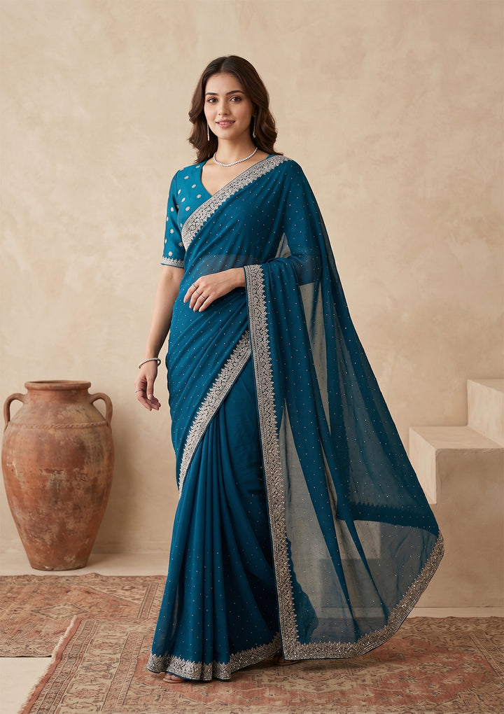 Peacock Blue Soft Raw Silk Gold Zariwork Saree With Matching Blouse Piece