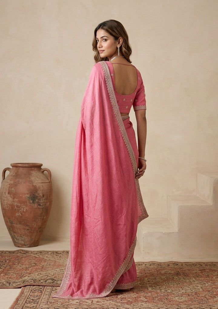 Pink Soft Raw Silk Gold Zariwork Saree With Matching Blouse Piece