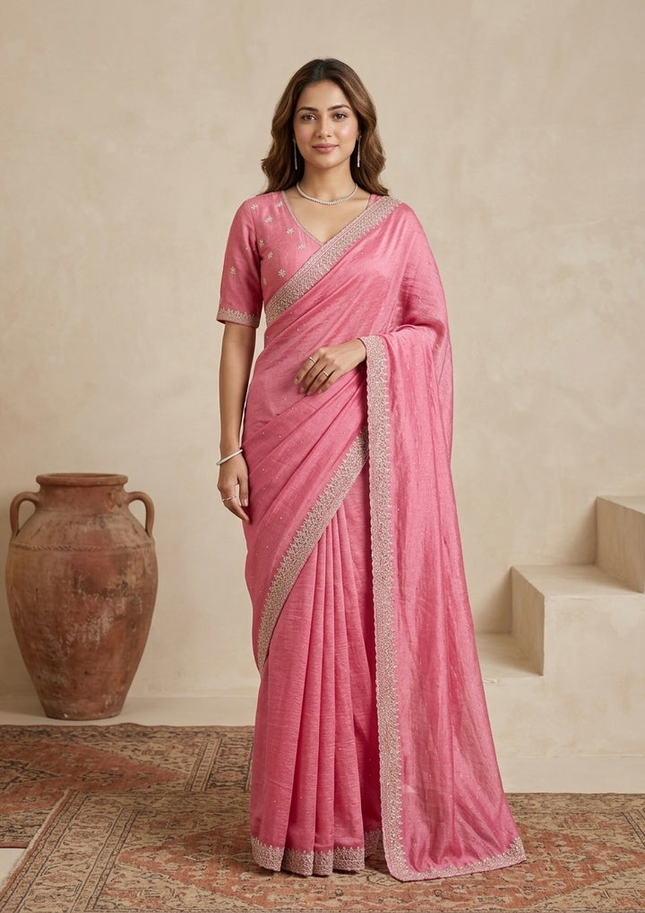 Pink Soft Raw Silk Gold Zariwork Saree With Matching Blouse Piece
