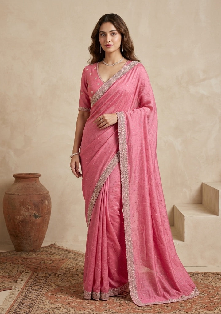 Pink Soft Raw Silk Gold Zariwork Saree With Matching Blouse Piece