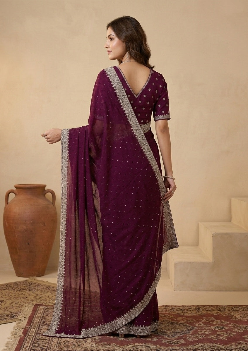 Wine Soft Raw Silk Gold Zariwork Saree With Matching Blouse Piece