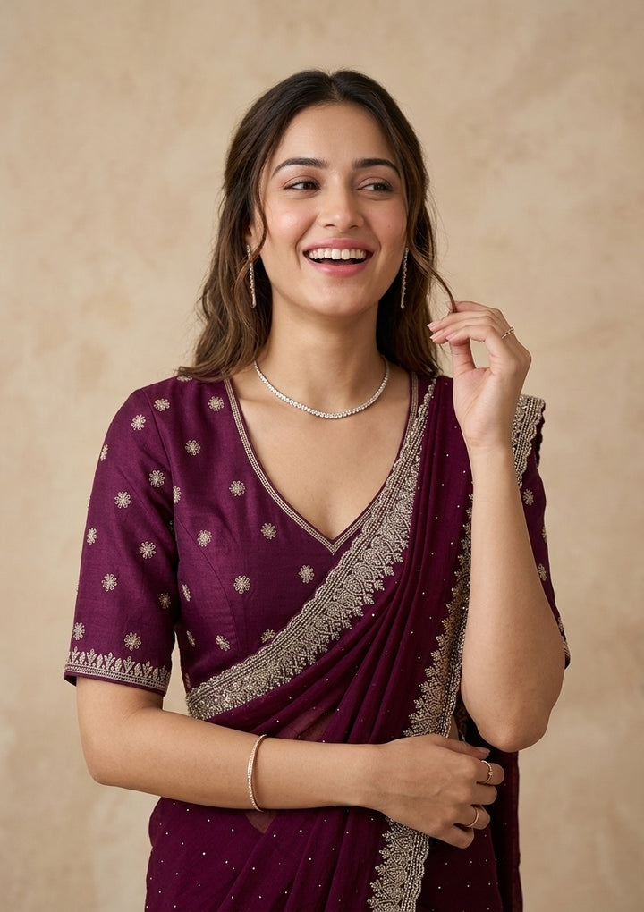 Wine Soft Raw Silk Gold Zariwork Saree With Matching Blouse Piece
