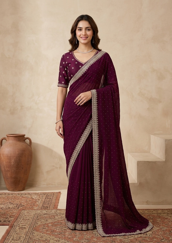 Wine Soft Raw Silk Gold Zariwork Saree With Matching Blouse Piece