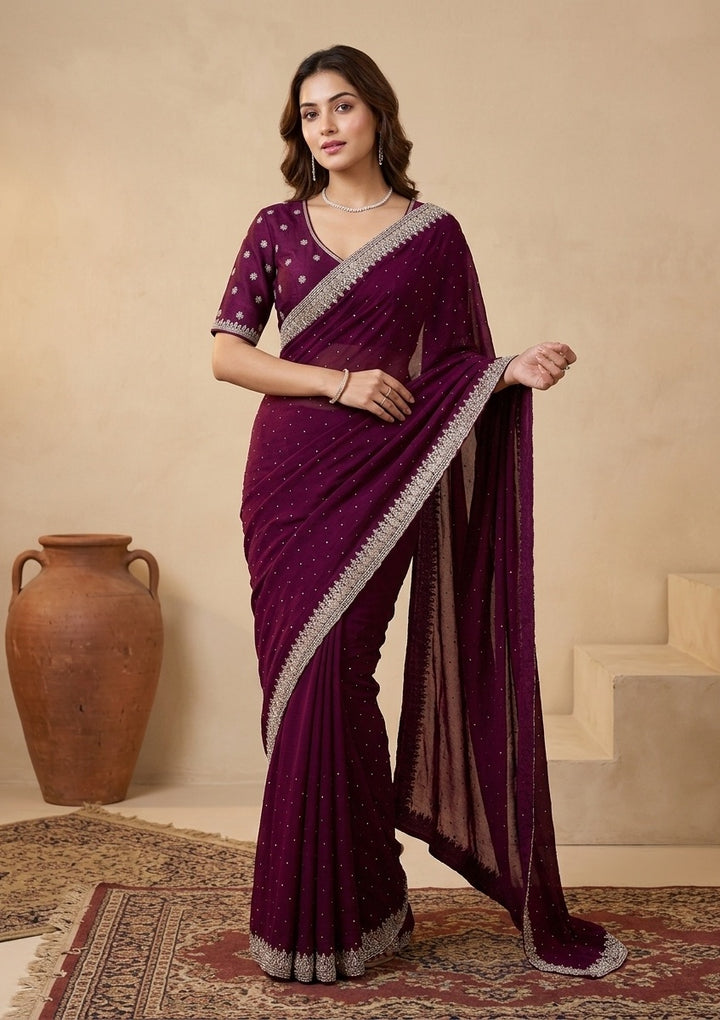Wine Soft Raw Silk Gold Zariwork Saree With Matching Blouse Piece