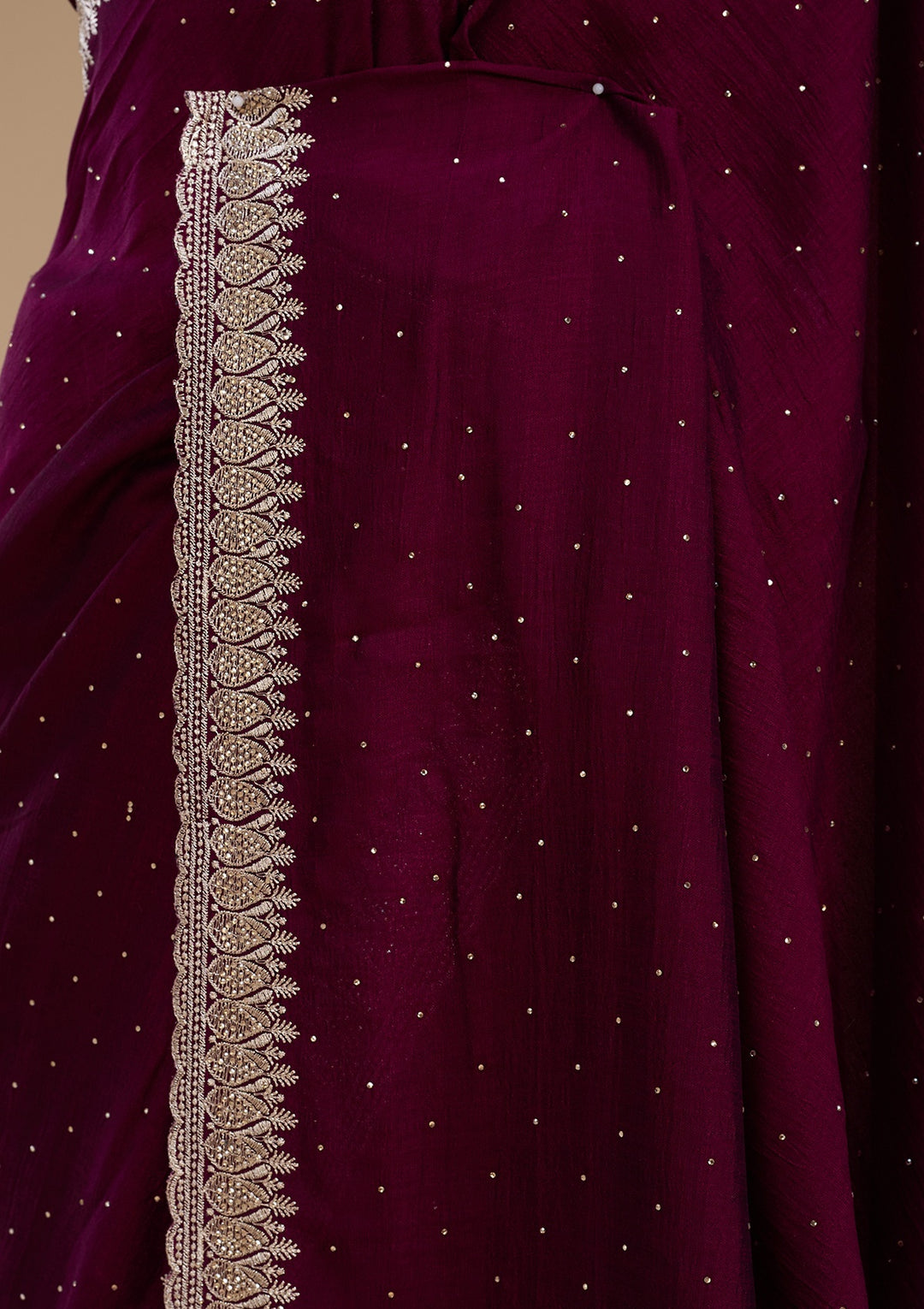 Wine Soft Raw Silk Gold Zariwork Saree With Matching Blouse Piece