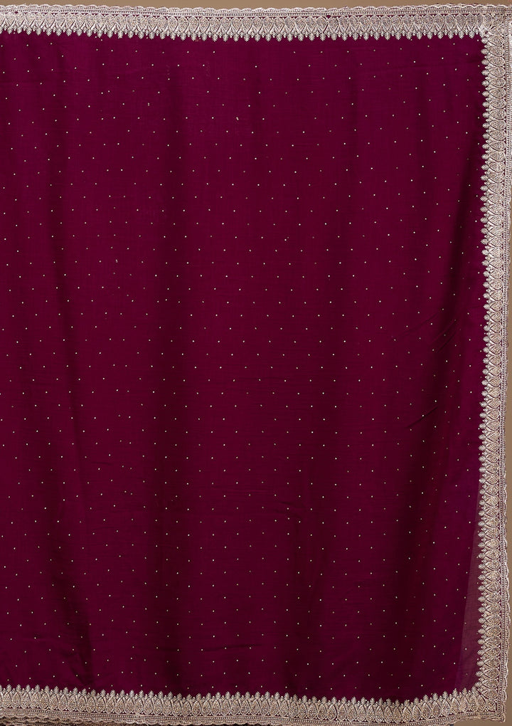 Wine Soft Raw Silk Gold Zariwork Saree With Matching Blouse Piece