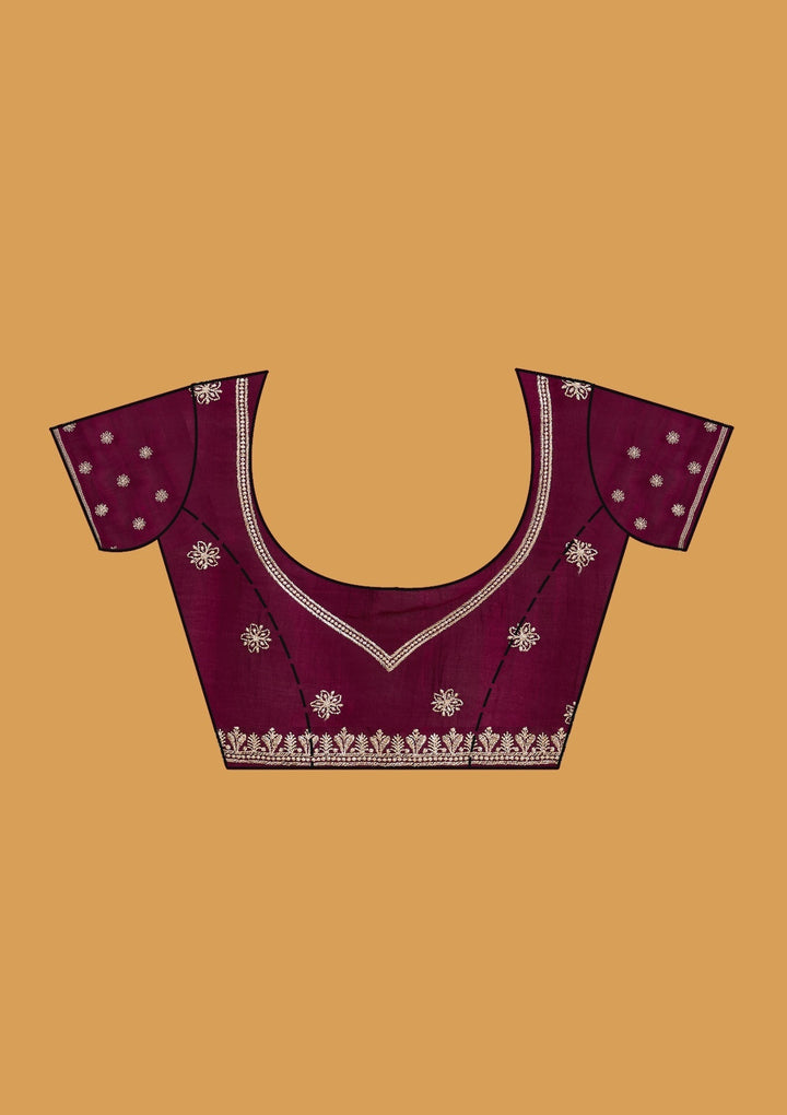 Wine Soft Raw Silk Gold Zariwork Saree With Matching Blouse Piece