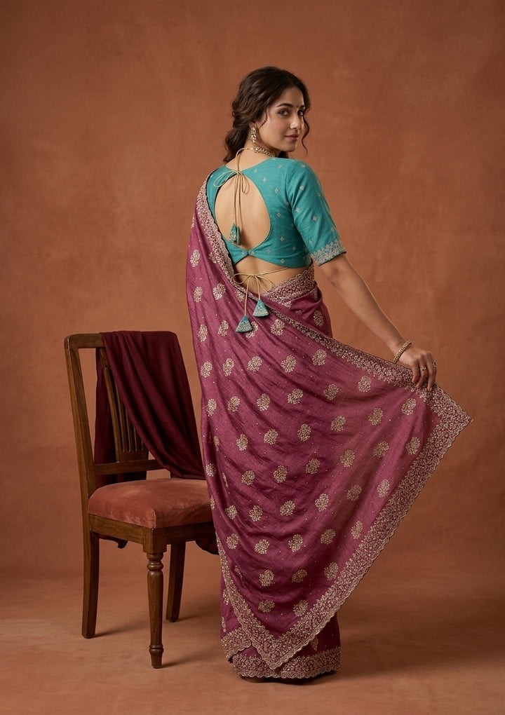 Onion Pink Soft Raw Silk Floral Printed Gold Zariwork Saree With Matching Blouse Piece