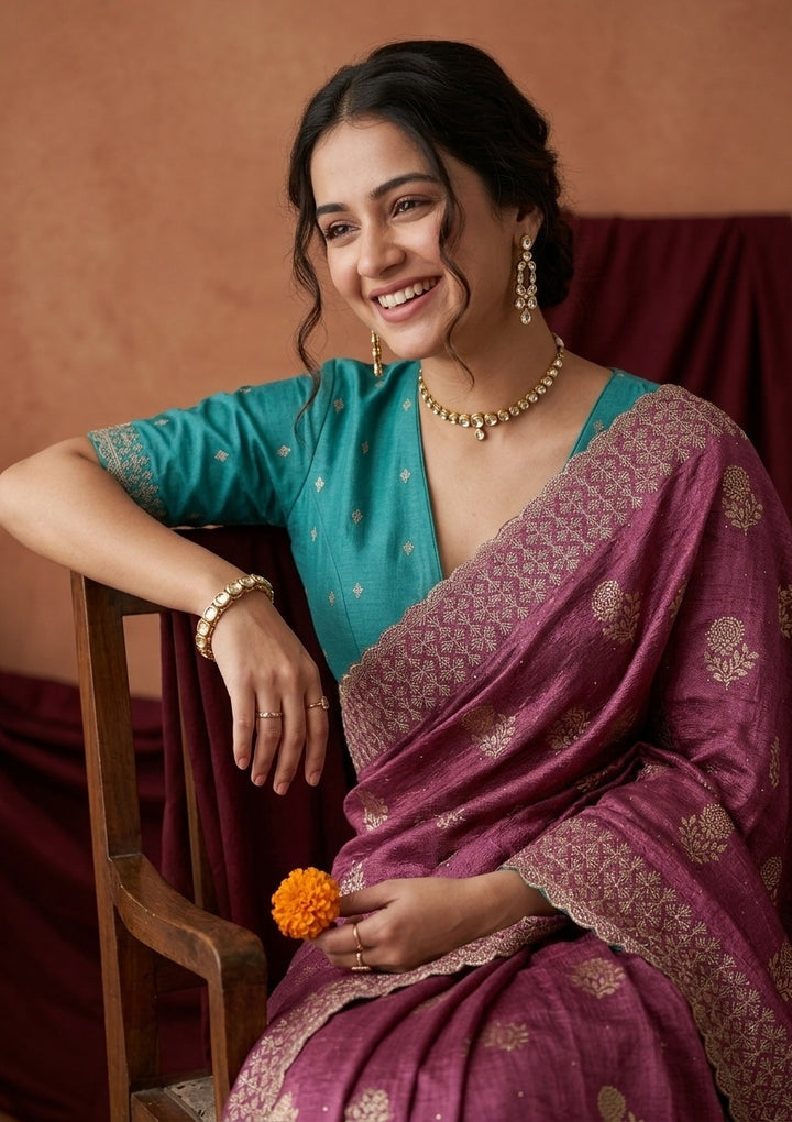 Onion Pink Soft Raw Silk Floral Printed Gold Zariwork Saree With Matching Blouse Piece
