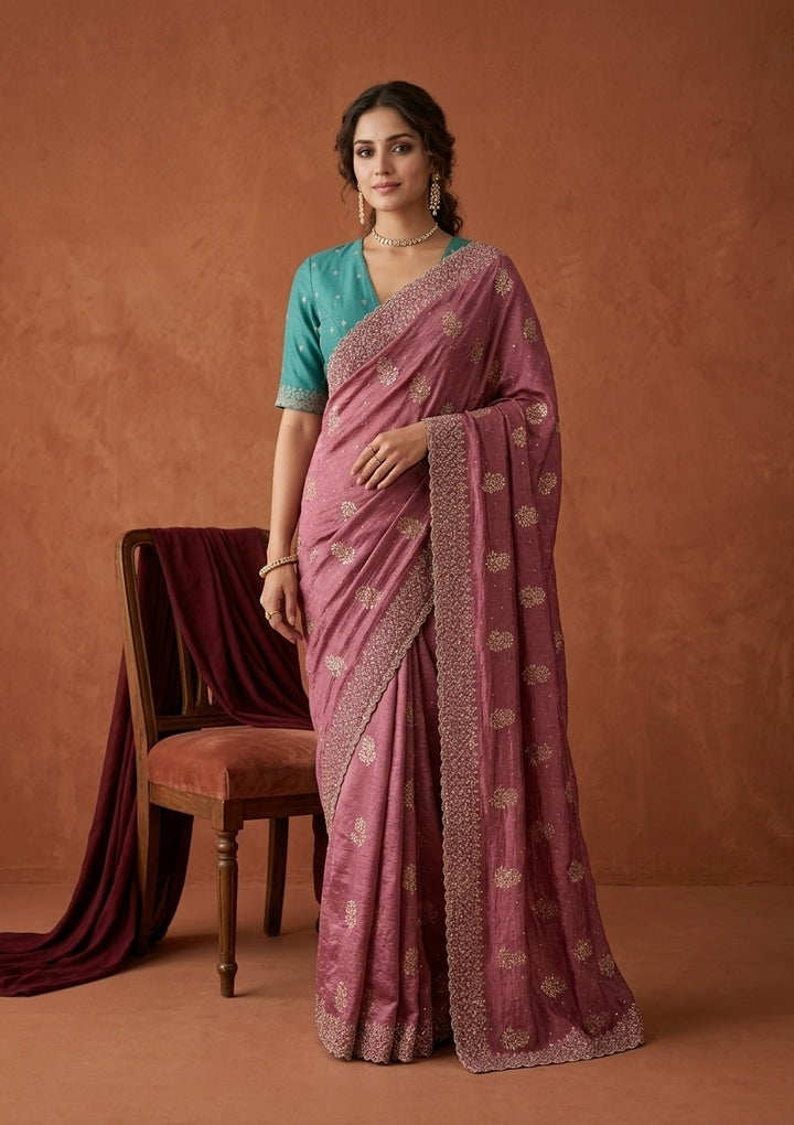 Onion Pink Soft Raw Silk Floral Printed Gold Zariwork Saree With Matching Blouse Piece