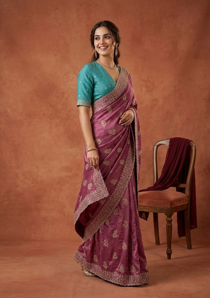 Onion Pink Soft Raw Silk Floral Printed Gold Zariwork Saree With Matching Blouse Piece
