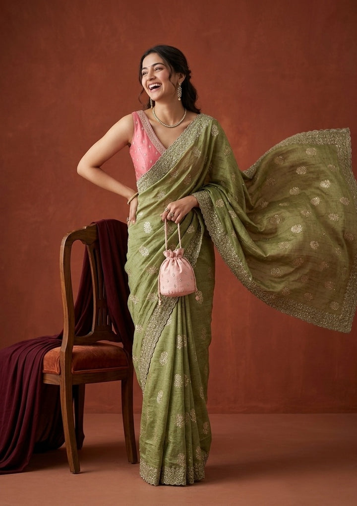 Pista Green Soft Raw Silk Floral Gold Zariwork Saree With Matching Blouse Piece