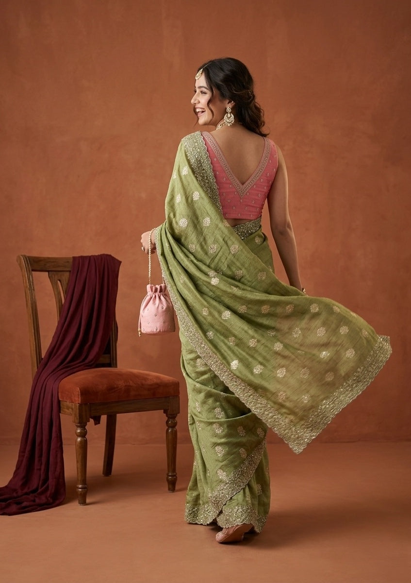 Pista Green Soft Raw Silk Floral Gold Zariwork Saree With Matching Blouse Piece
