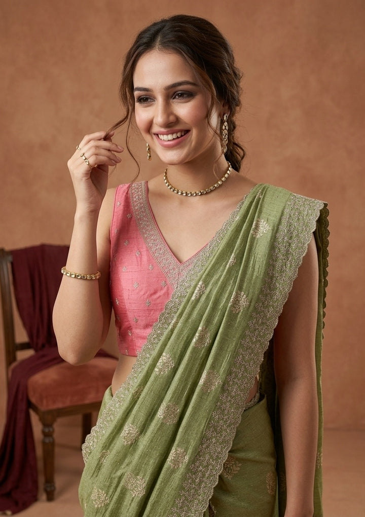 Pista Green Soft Raw Silk Floral Gold Zariwork Saree With Matching Blouse Piece