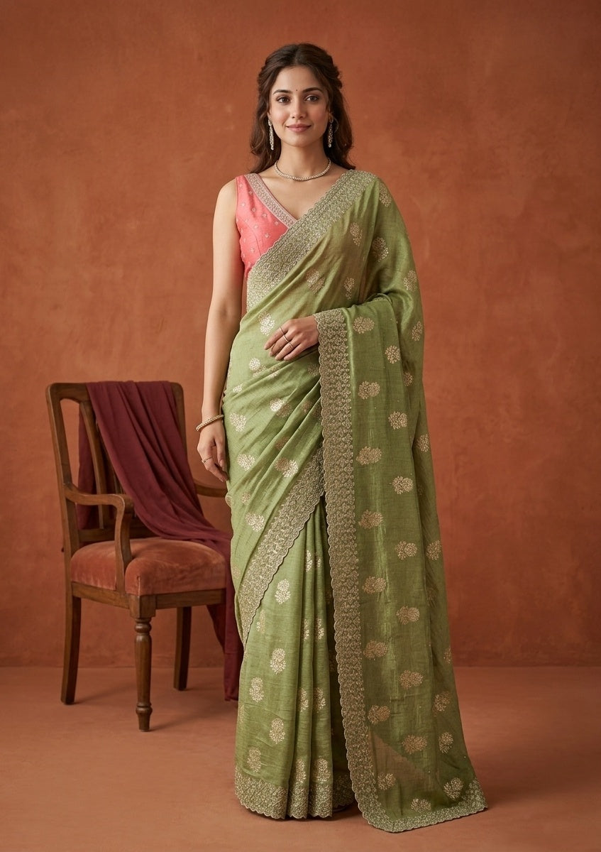 Pista Green Soft Raw Silk Floral Gold Zariwork Saree With Matching Blouse Piece