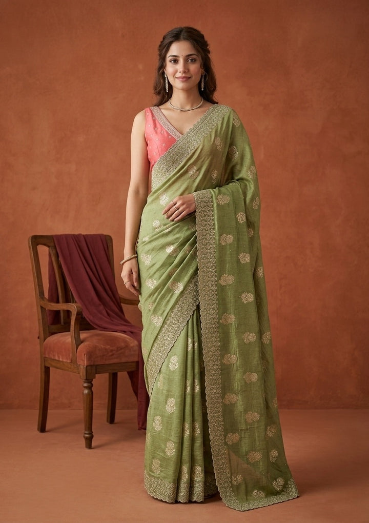 Pista Green Soft Raw Silk Floral Gold Zariwork Saree With Matching Blouse Piece