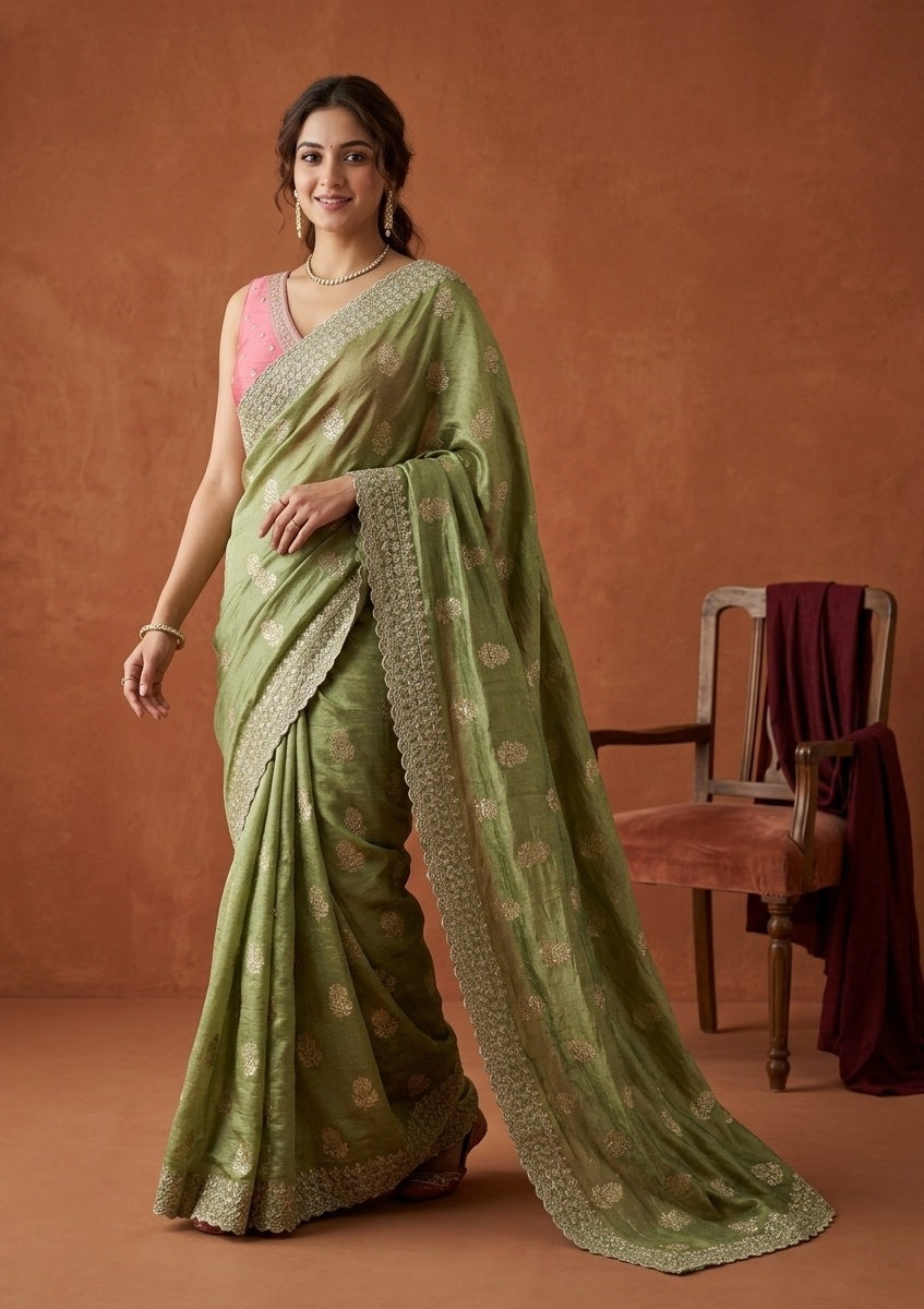 Pista Green Soft Raw Silk Floral Gold Zariwork Saree With Matching Blouse Piece