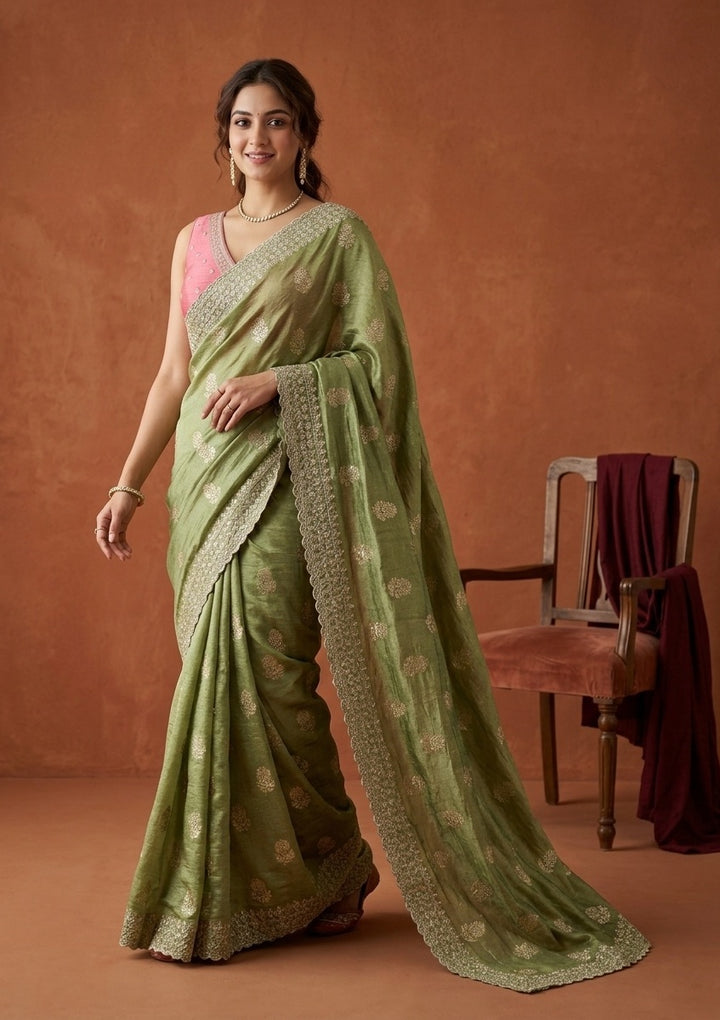 Pista Green Soft Raw Silk Floral Gold Zariwork Saree With Matching Blouse Piece