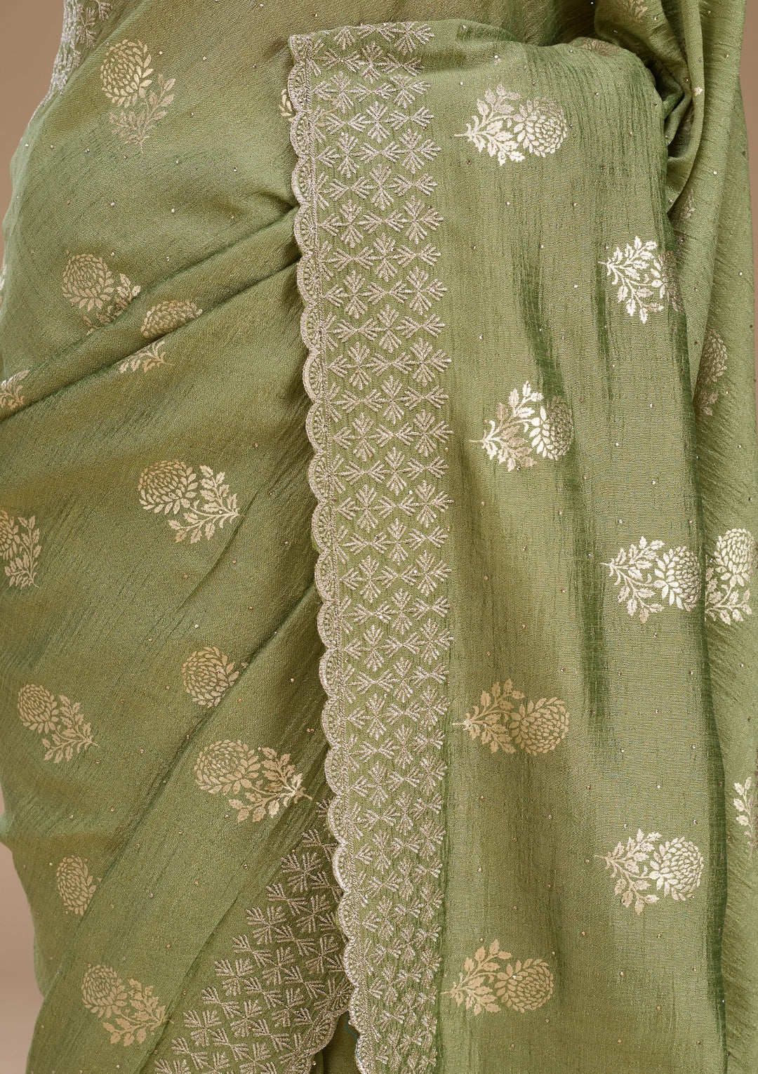 Pista Green Soft Raw Silk Floral Gold Zariwork Saree With Matching Blouse Piece