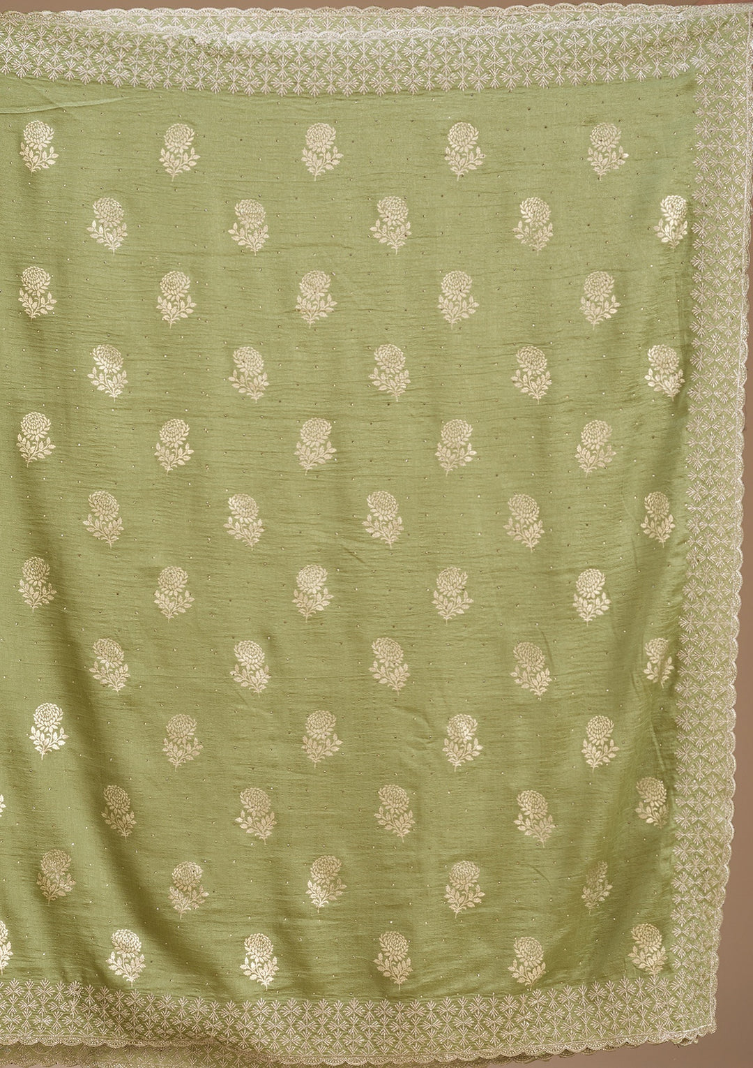 Pista Green Soft Raw Silk Floral Gold Zariwork Saree With Matching Blouse Piece