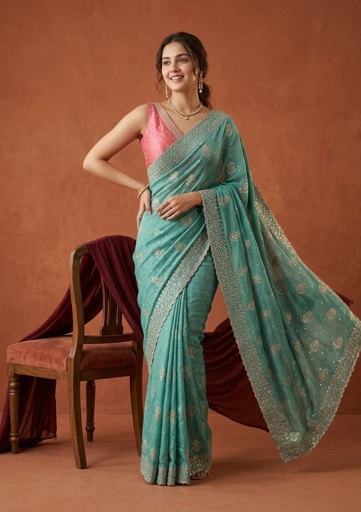 Sea Green Soft Raw Silk Floral Printed Gold Zariwork Saree With Matching Blouse Piece