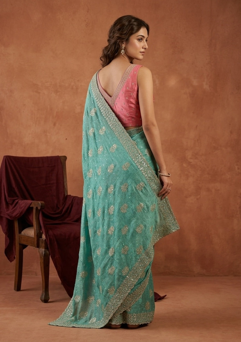 Sea Green Soft Raw Silk Floral Printed Gold Zariwork Saree With Matching Blouse Piece